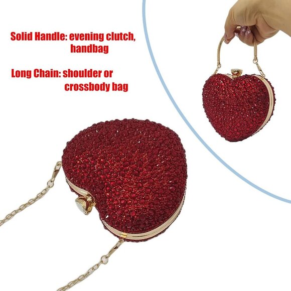 🆕Women Red Rhinestone Heart Shape Mini Clutch Purse Wedding Handbag Party Bag - Picture 7 of 7